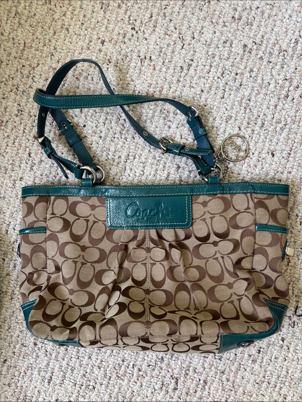 Coach Brown Signature Canvas Shoulder Bag with Teal Trim